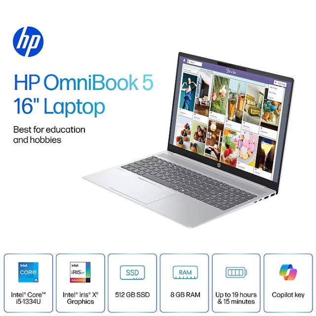 HP 16" WUXGA 2K Laptop, Intel Core i5-1334U, 8GB RAM, 512GB SSD, Backlit, +19h battery - DealJustDeal