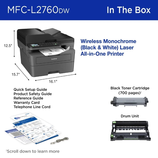 Brother Wireless MFC-L2760DW Compact Monochrome All-in-One Laser Printer - DealJustDeal