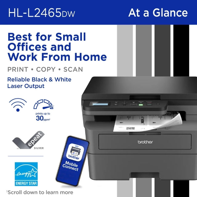 Brother Wireless HL-L2465DW Compact Monochrome Multi-Function Laser Printer with Print, Copy and Scan, Duplex and Mobile Printing - DealJustDeal