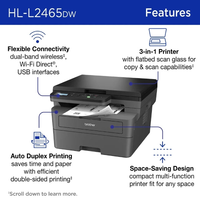 Brother Wireless HL-L2465DW Compact Monochrome Multi-Function Laser Printer with Print, Copy and Scan, Duplex and Mobile Printing - DealJustDeal