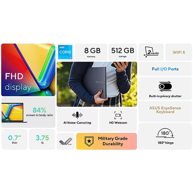 ASUS Vivobook FHD 15.6" Laptop, Intel Core i3-1315U, 8GB RAM, 512GB SSD - DealJustDeal