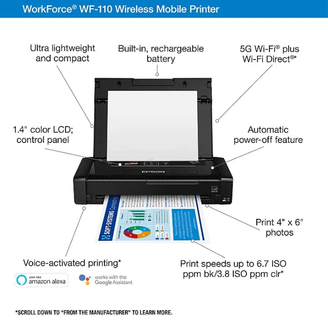 Portable Epson WorkForce WF-110 Wireless Color Inkjet Printer, Single-Function, Print (9472520) - DealJustDeal