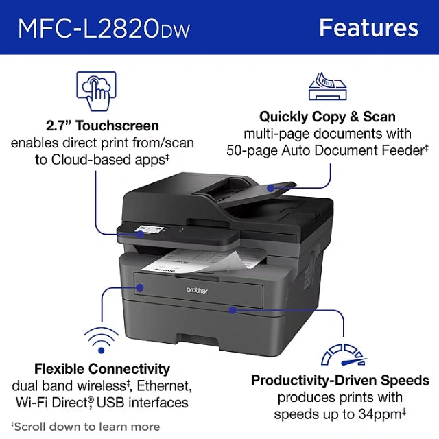 Brother MFC-L2820DW Compact Wireless Black & White Printer, All-In-One, Print, Scan, Copy, Fax, Refresh Subscription Ready - DealJustDeal