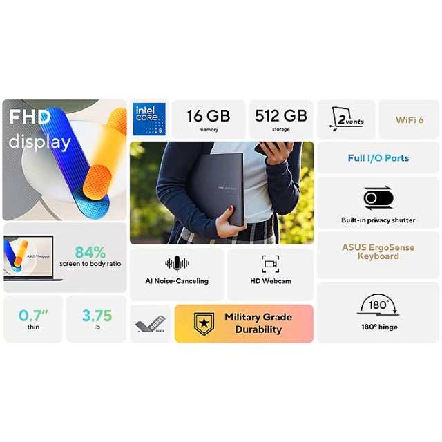ASUS Vivobook 15 FHD 15.6" Laptop, Intel Core 5 120U, 16GB RAM, 512 GB SSD, Backlit Keyboard - DealJustDeal