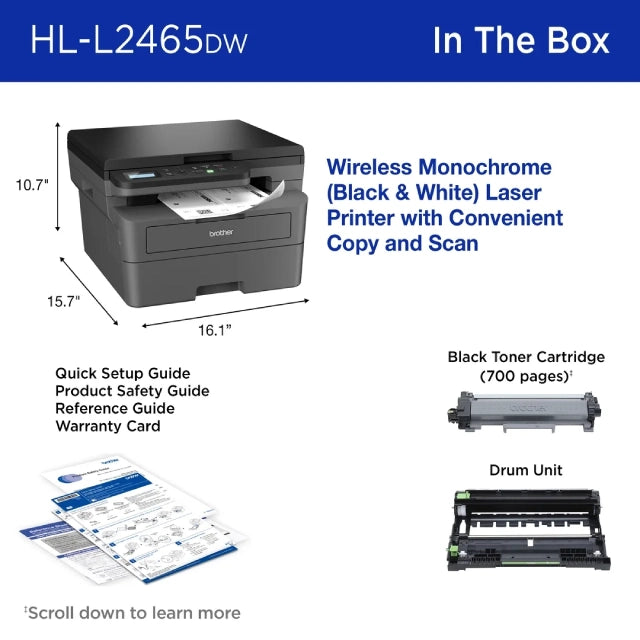 Brother Wireless HL-L2465DW Compact Monochrome Multi-Function Laser Printer with Print, Copy and Scan, Duplex and Mobile Printing - DealJustDeal