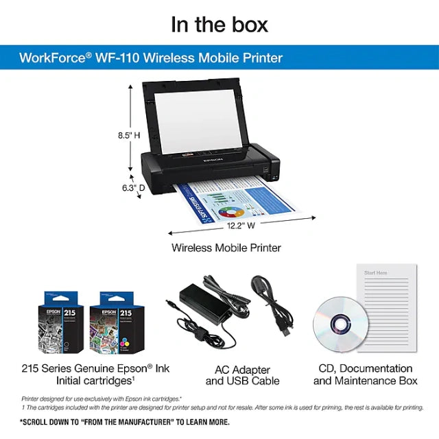 Portable Epson WorkForce WF-110 Wireless Color Inkjet Printer, Single-Function, Print (9472520) - DealJustDeal