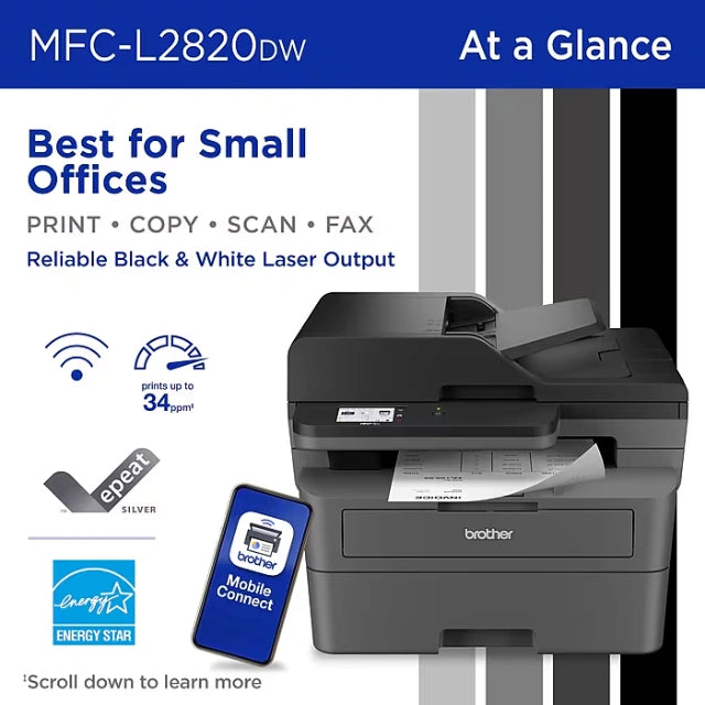 Brother MFC-L2820DW Compact Wireless Black & White Printer, All-In-One, Print, Scan, Copy, Fax, Refresh Subscription Ready - DealJustDeal