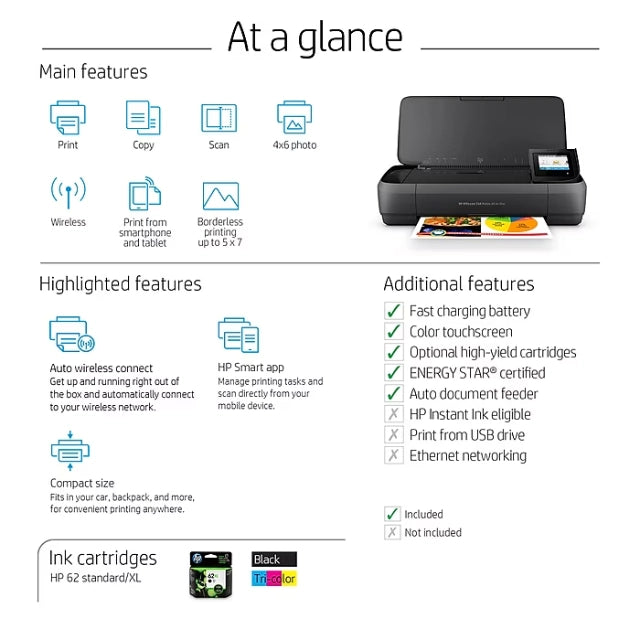 HP OfficeJet 250 Portable Wireless Color All-In-One Inkjet Printer, Print, Scan, Copy (CZ992A) - DealJustDeal