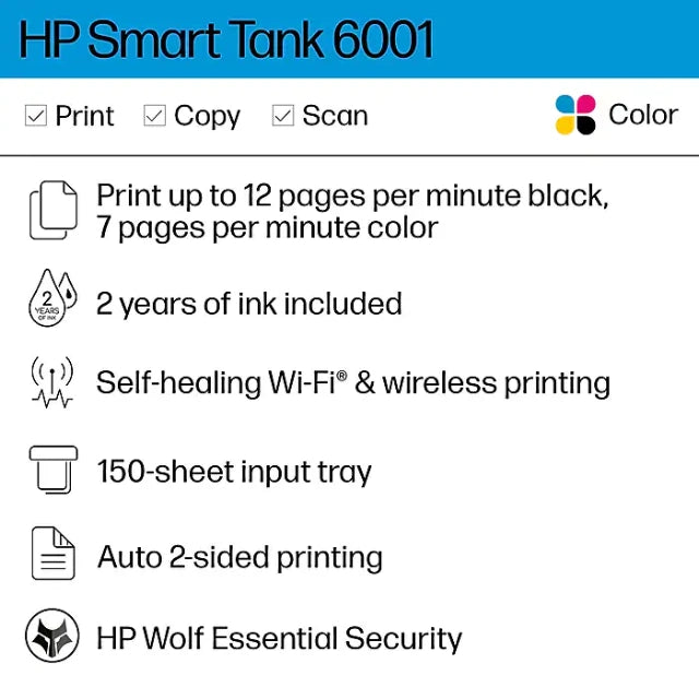 HP Smart Tank 6001 Wireless All-in-One Color Ink Tank Printer Scanner Copier, 2 years ink included (2H0B9A) - DealJustDeal