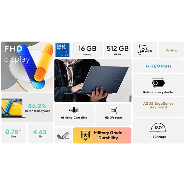 ASUS Vivobook 17 FHD 17.3" Laptop, Intel Core 5 120U, 16GB RAM, 512GB SSD, Backlit Keyboard - DealJustDeal