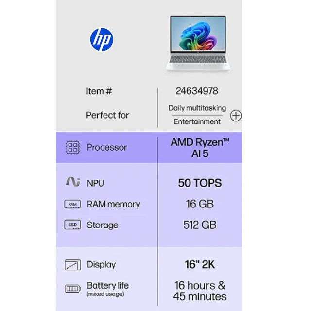 HP OmniBook 5 16" 2K Laptop, Copilot+, AMD Ryzen AI 5 340, 16GB RAM, 512GB SSD, Backlit - DealJustDeal