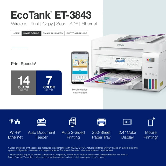 Epson EcoTank ET-3843 Wireless Color All-in-One Printer (C11CJ61205) - DealJustDeal