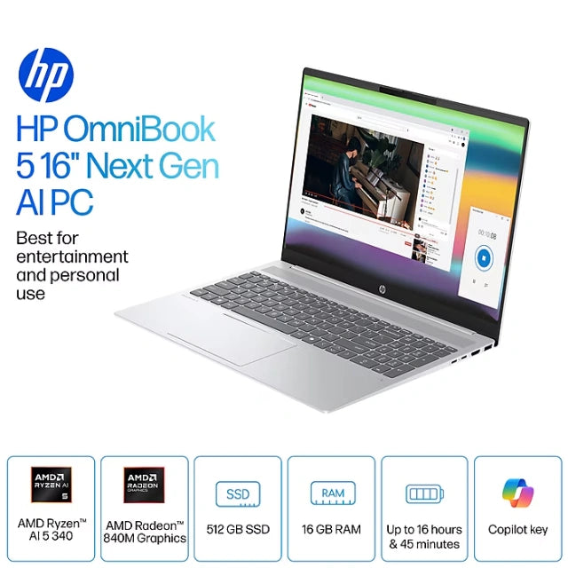 HP OmniBook 5 16" 2K Laptop, Copilot+, AMD Ryzen AI 5 340, 16GB RAM, 512GB SSD, Backlit - DealJustDeal