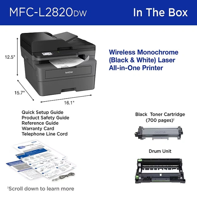Brother MFC-L2820DW Compact Wireless Black & White Printer, All-In-One, Print, Scan, Copy, Fax, Refresh Subscription Ready - DealJustDeal