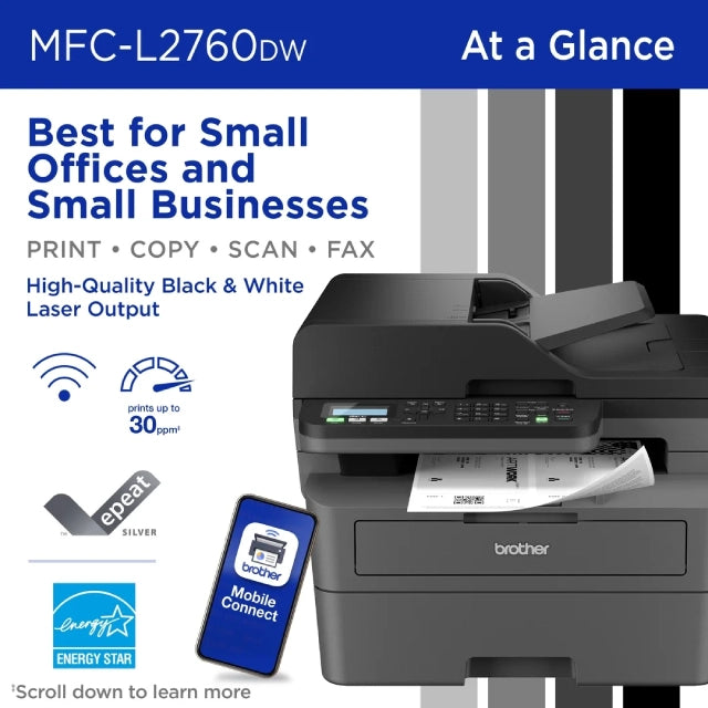 Brother Wireless MFC-L2760DW Compact Monochrome All-in-One Laser Printer - DealJustDeal