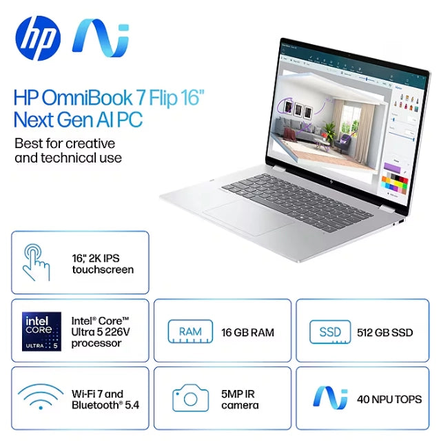 HP OmniBook 7 Flip 16" 2K 2-in-1, Copilot+, Intel Core Ultra 5, 16GB RAM, 512GB SSD, Backlit, 23 hours - DealJustDeal