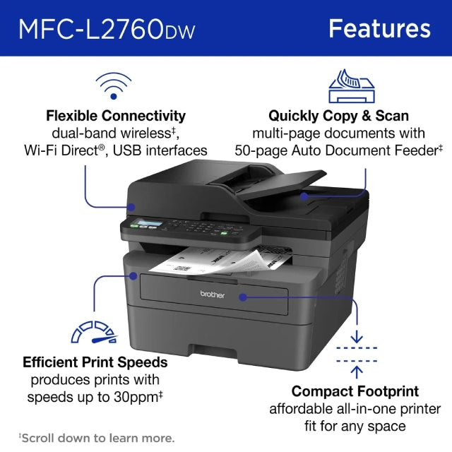 Brother Wireless MFC-L2760DW Compact Monochrome All-in-One Laser Printer - DealJustDeal