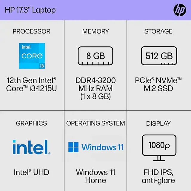 HP 17.3? FHD Laptop – Intel Core i3?1215U, 8 GB RAM, 512 GB SSD, Numeric Keypad, Windows 11 Home, Natural Silver - DealJustDeal