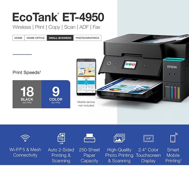 Epson EcoTank ET-4950 Wireless All-in-One Color Supertank Printer, Black (C11CL40201)