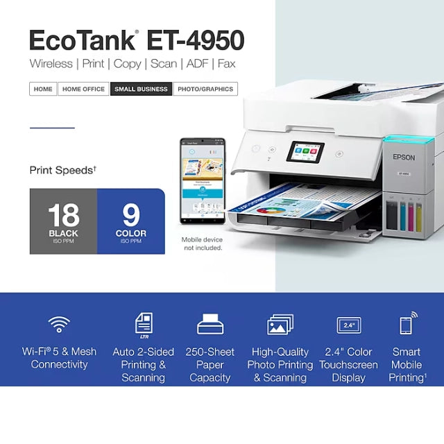 Epson EcoTank ET-4950 Wireless All-in-One Color Supertank Printer, White (C11CL40202)
