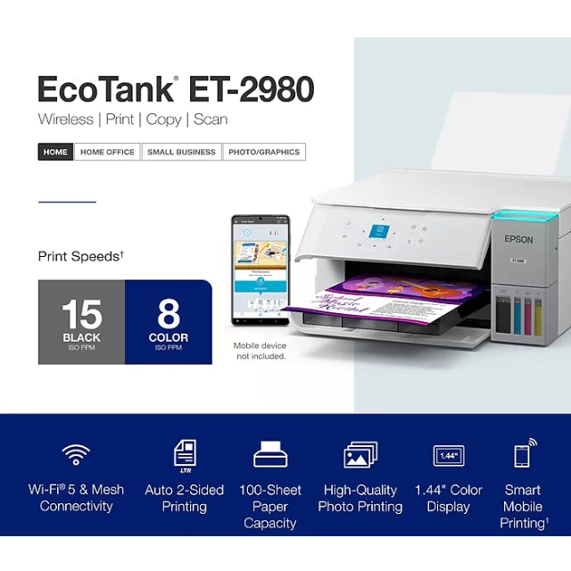 Epson EcoTank ET-2980 Wireless All-in-One Color Supertank Printer, White (C11CL41202)
