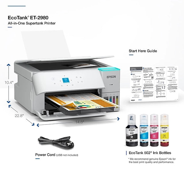 Epson EcoTank ET-2980 Wireless All-in-One Color Supertank Printer, White (C11CL41202) - DealJustDeal